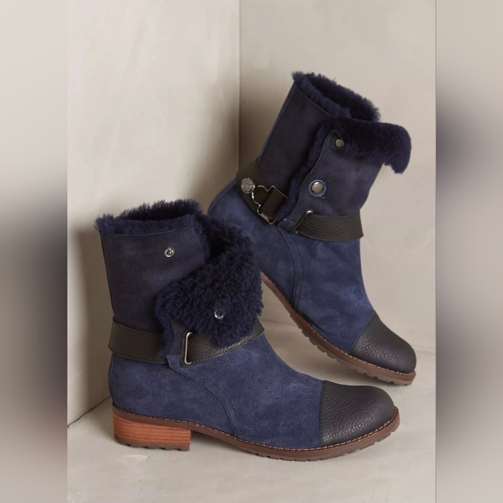 Matt Bernson Blue Suede Shearling Lined Tundra Moto Boots Size US 7 - Picture 2 of 8